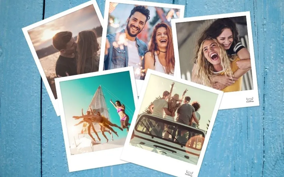 FotoWings printed photos of friends on a wooden table