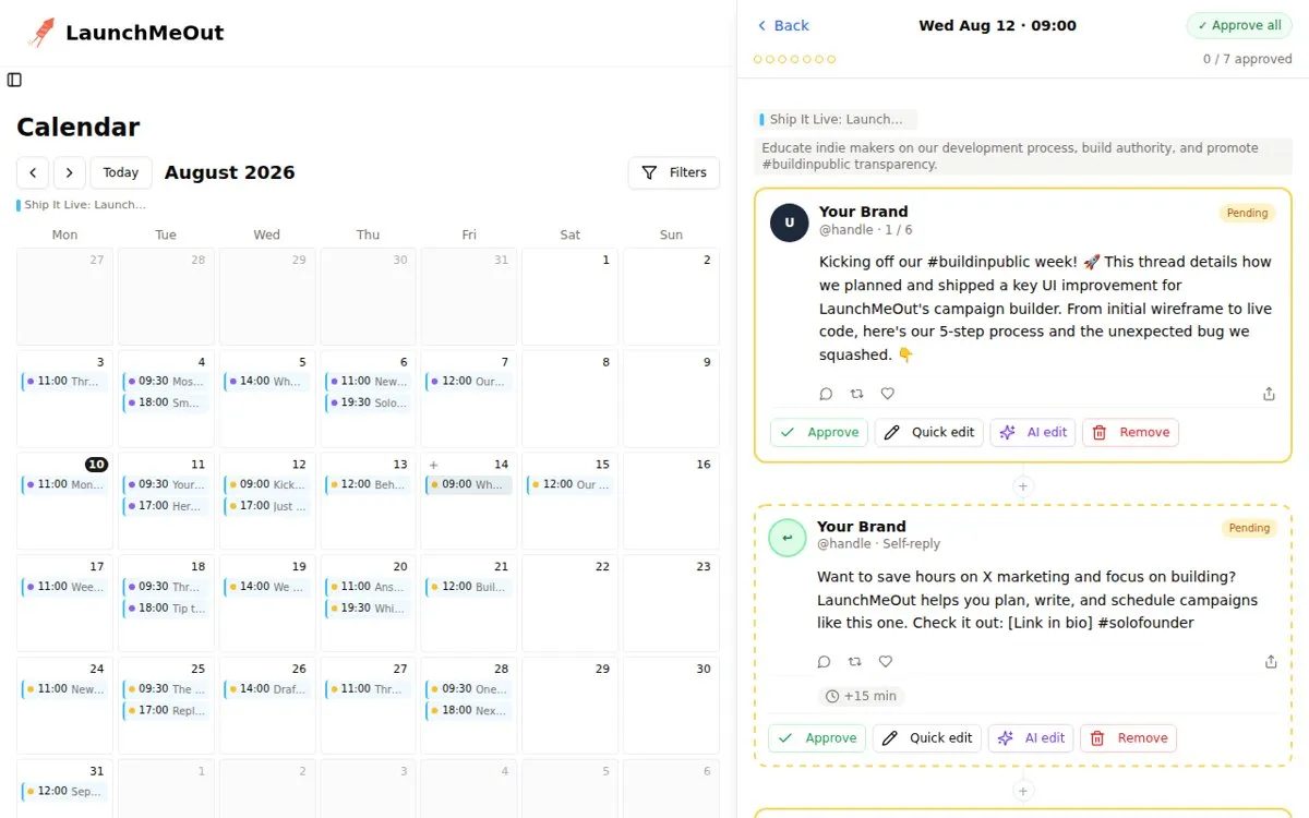 LaunchMeOut calendar with scheduled posts and a draft waiting for review