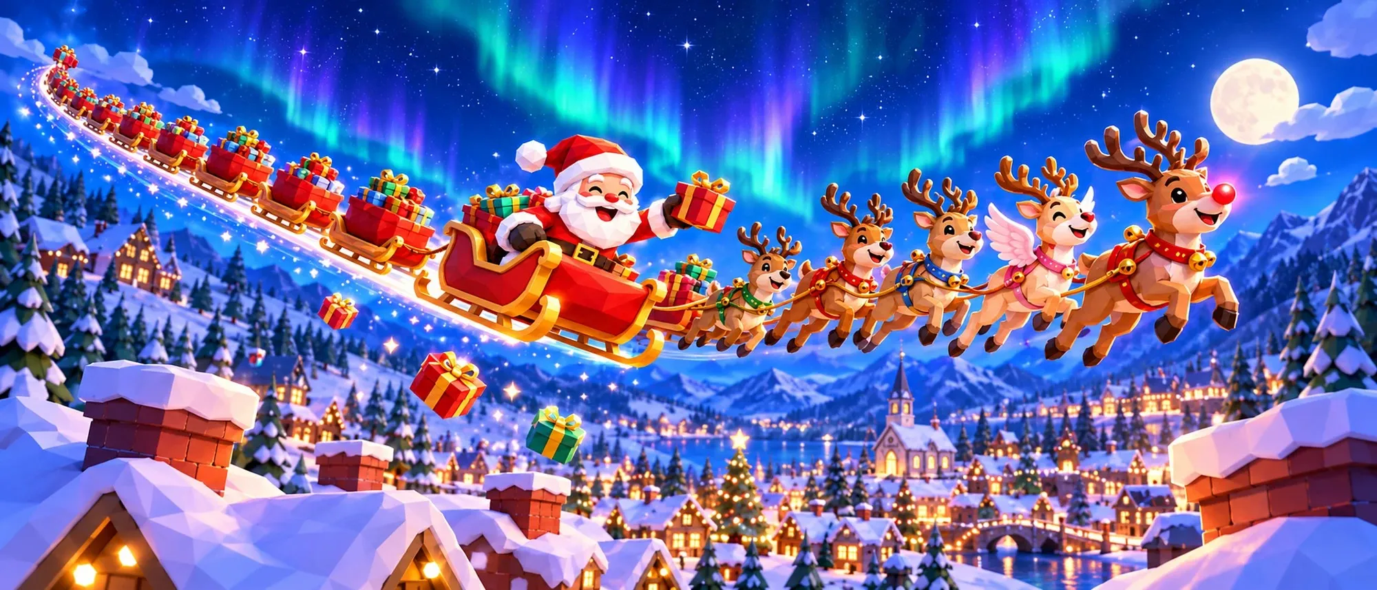 Santa Slideway: Santa’s sleigh pulls a long tail of gift sleds over a snowy village under the northern lights